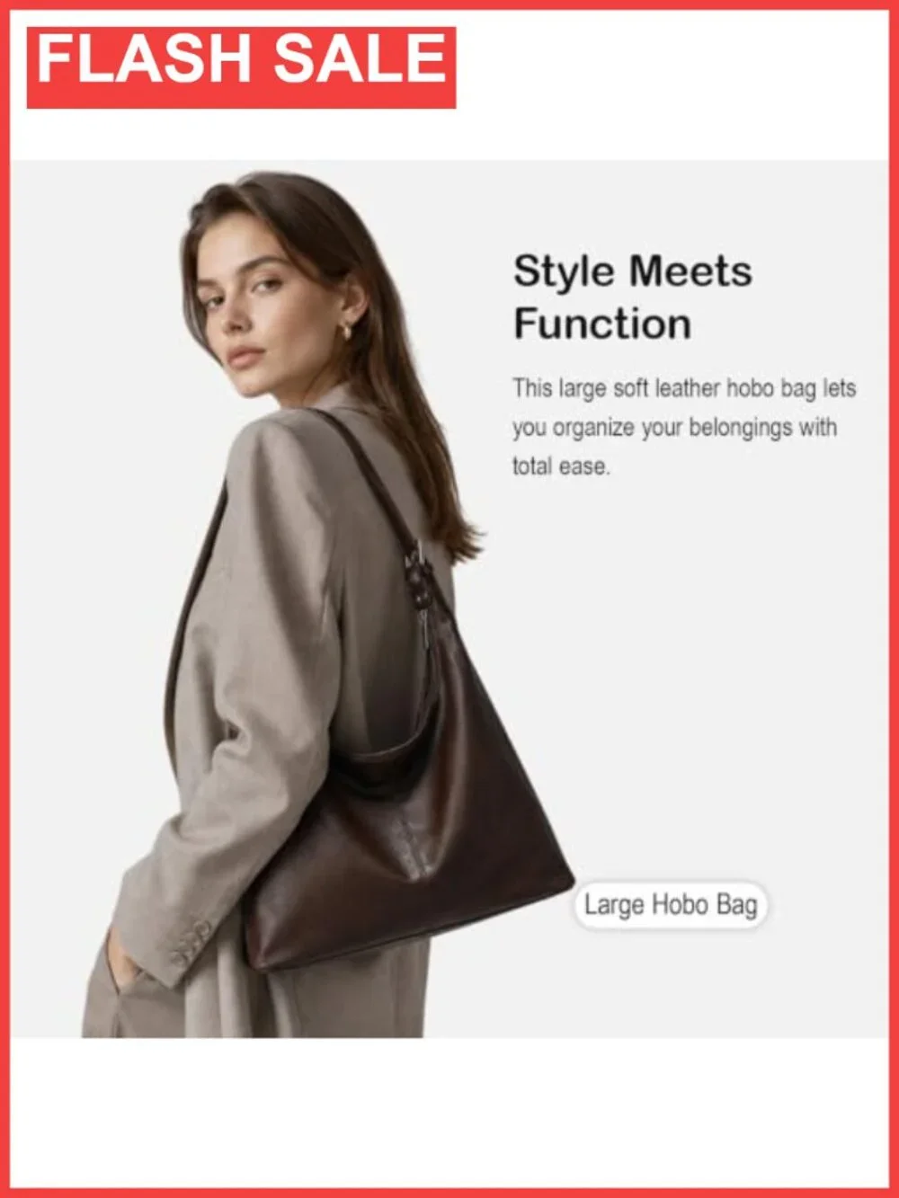 Large Vegan Leather Hobo Bag Slouchy Shoulder Purse Work Handbag